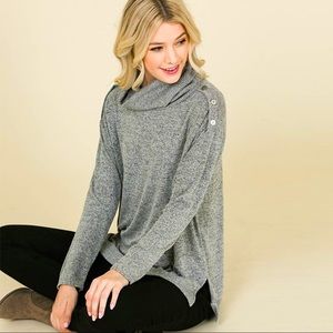 Ribbed cowl neck shoulder button Blouse